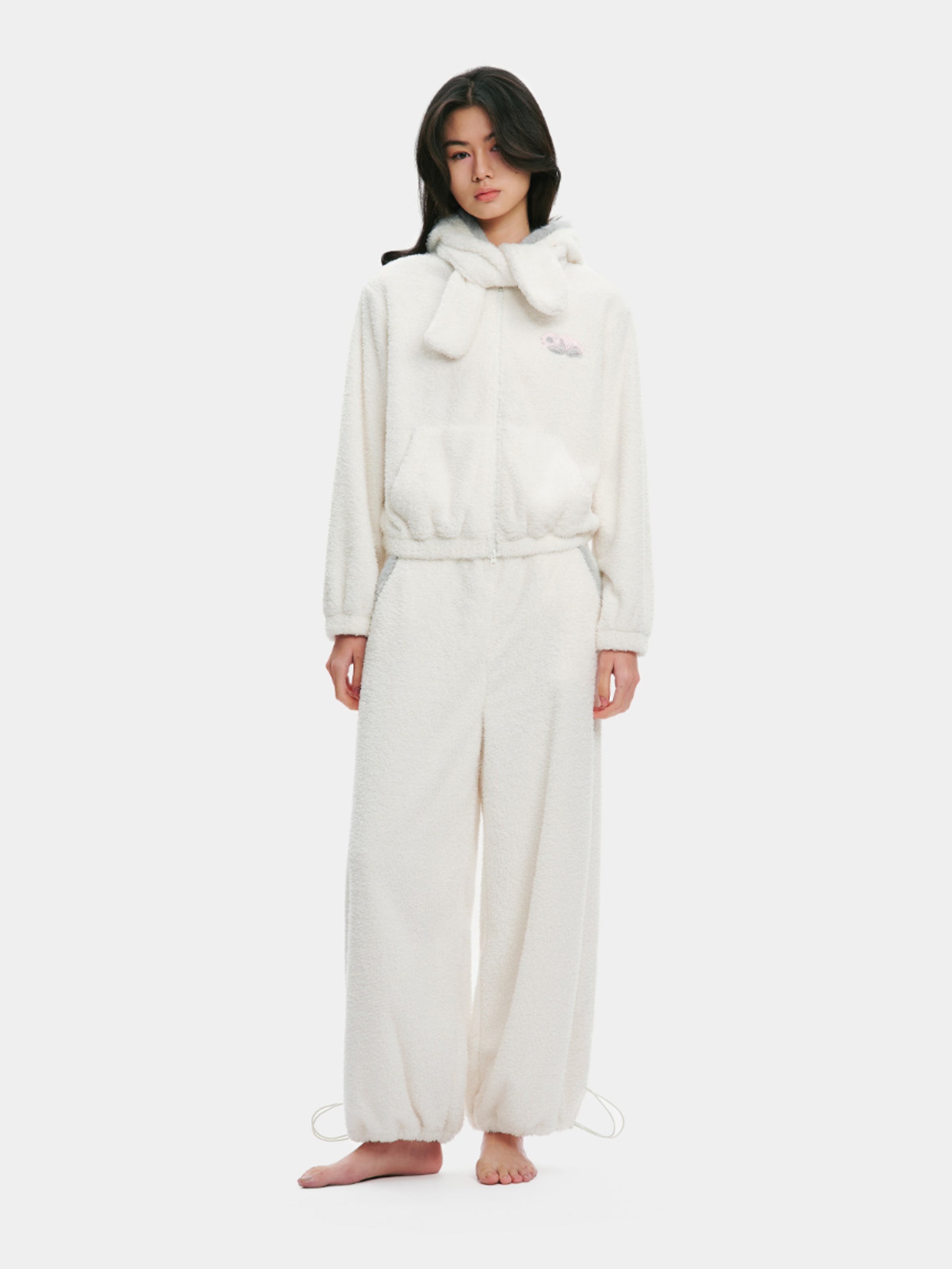 "Panda PomPom" Polar Fleece Hoodie Short Loungewear Set Cream White
