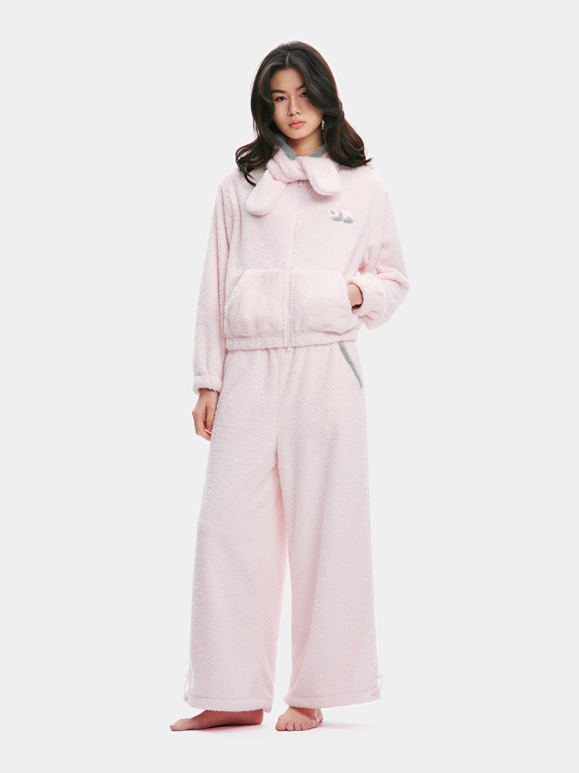 "Panda PomPom" Polar Fleece Hoodie Short Loungewear Set Pink
