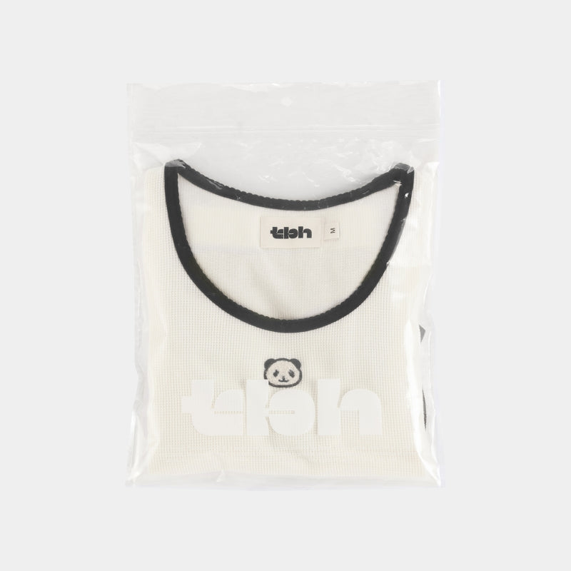 "Panda PomPom" Waffle Checks Loungewear Set – White & Black