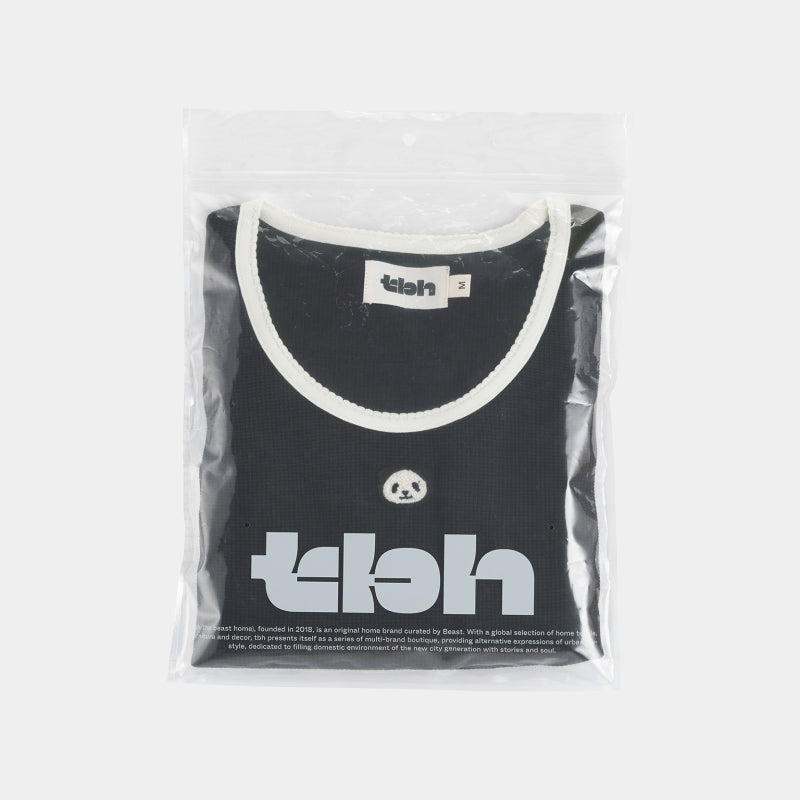 "Panda PomPom" Waffle Checks Loungewear Set – Black & White