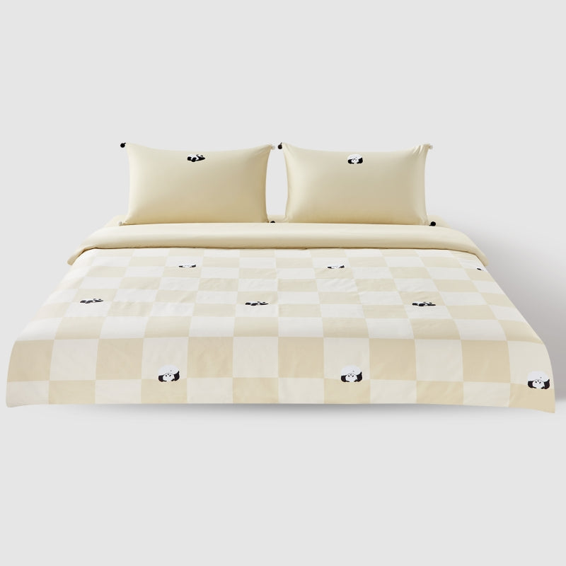 "Panda PomPom"  cotton sateen bedding set Cream White Grid