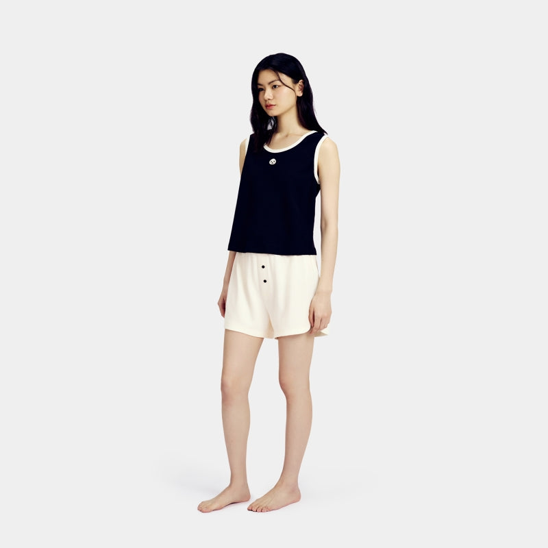 "Panda PomPom" Waffle Checks Loungewear Set – Black & White