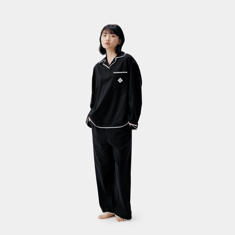 "Panda PomPom" Tencel Cotton Blend Camp Collar Loungewear Set – Black
