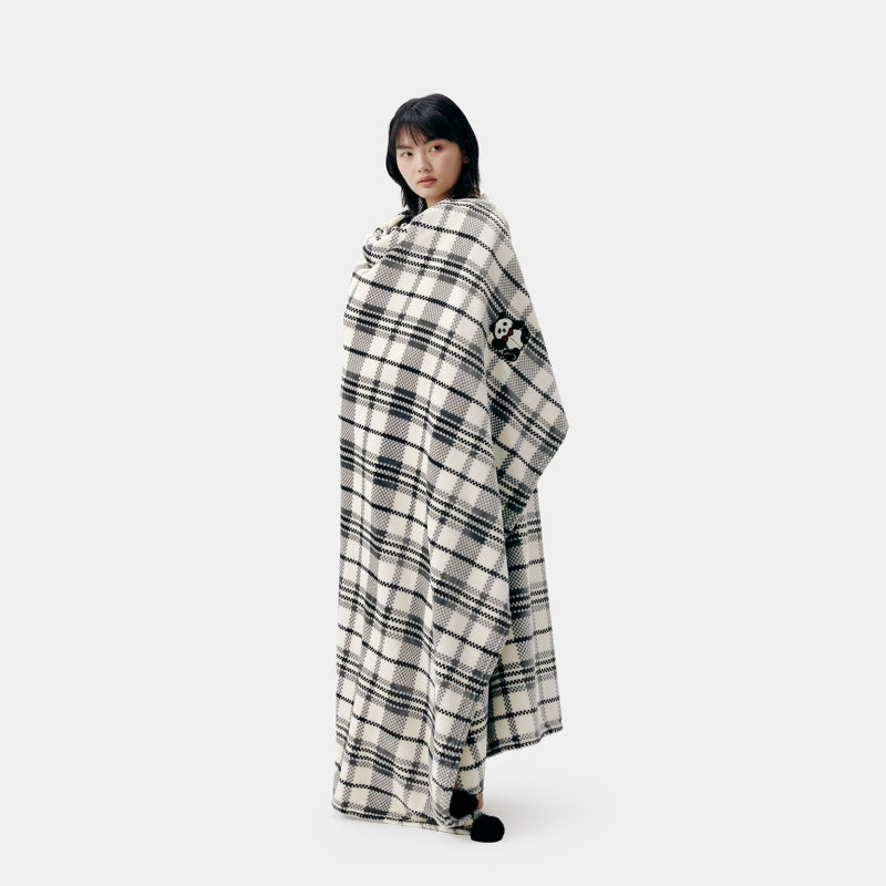 "Panda PomPom" Flannel Cozy Scented Blanket Black Grid