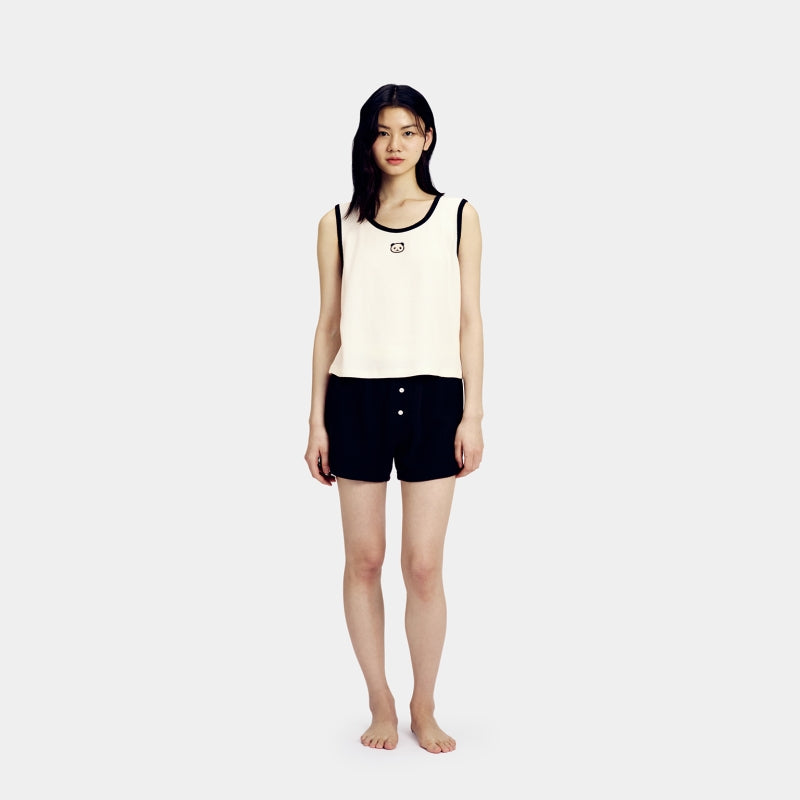 "Panda PomPom" Waffle Checks Loungewear Set – White & Black