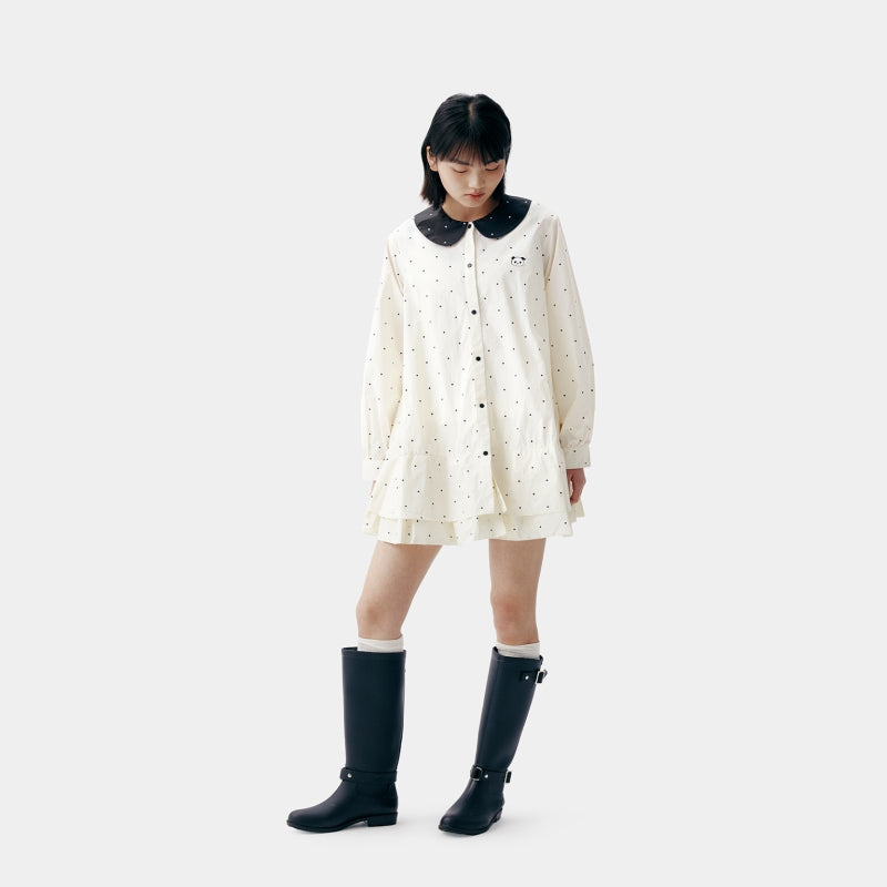 "Panda PomPom" Sun-pretective Outdoor Dress White Polka Dot
