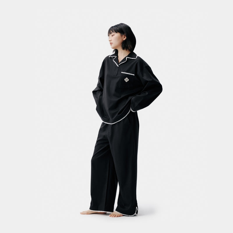 "Panda PomPom" Tencel Cotton Blend Camp Collar Loungewear Set – Black