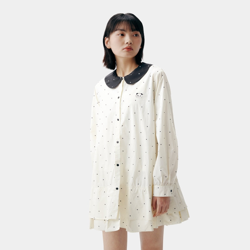 "Panda PomPom" Sun-pretective Outdoor Dress White Polka Dot
