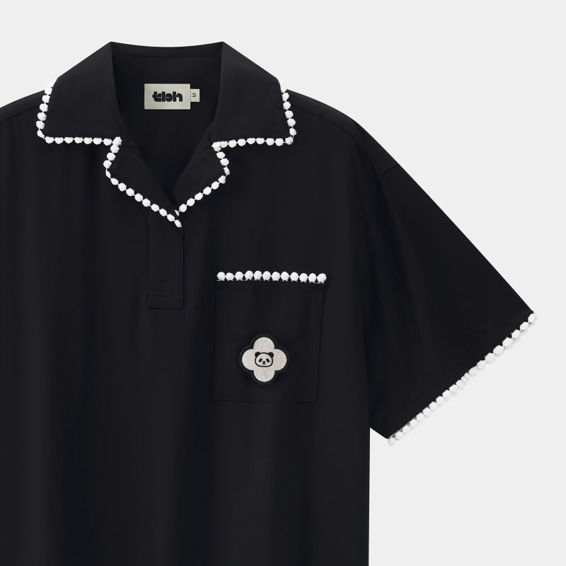 "Panda PomPom" Tencel Cotton Blend Camp Collar Short Sleeve Loungewear Set – Black