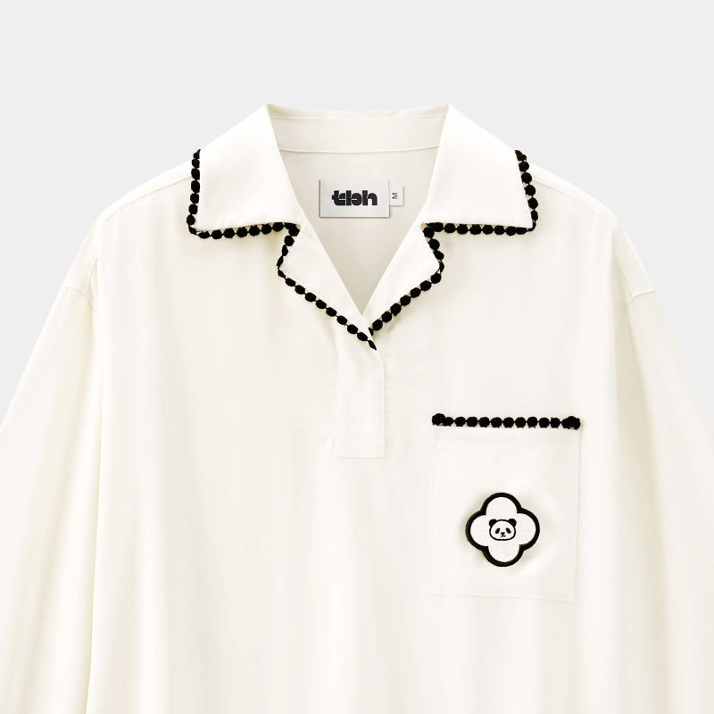 "Panda PomPom" Tencel Cotton Blend Camp Collar Loungewear Set – Cream White