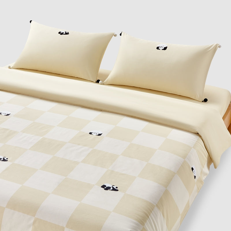 "Panda PomPom"  cotton sateen bedding set Cream White Grid