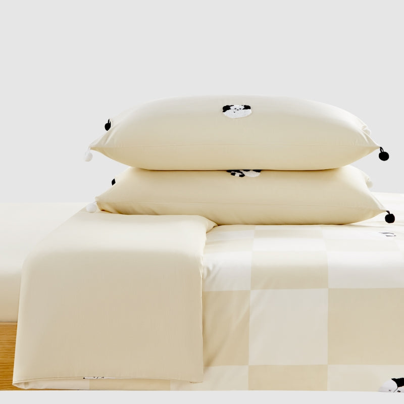"Panda PomPom"  cotton sateen bedding set Cream White Grid