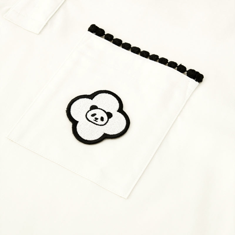 "Panda PomPom" Tencel Cotton Blend Camp Collar Short Sleeve Loungewear Set – Cream White