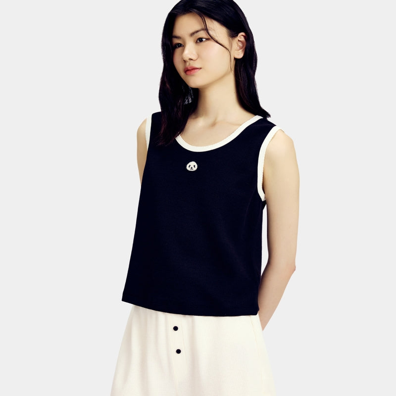 "Panda PomPom" Waffle Checks Loungewear Set – Black & White