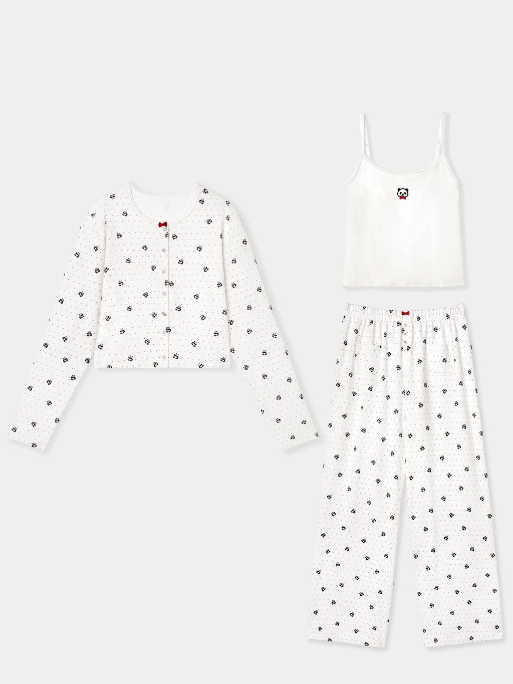 "Panda PomPom" Jersey Rib Jacquard Loungewear Pants Set – White Polka Dot