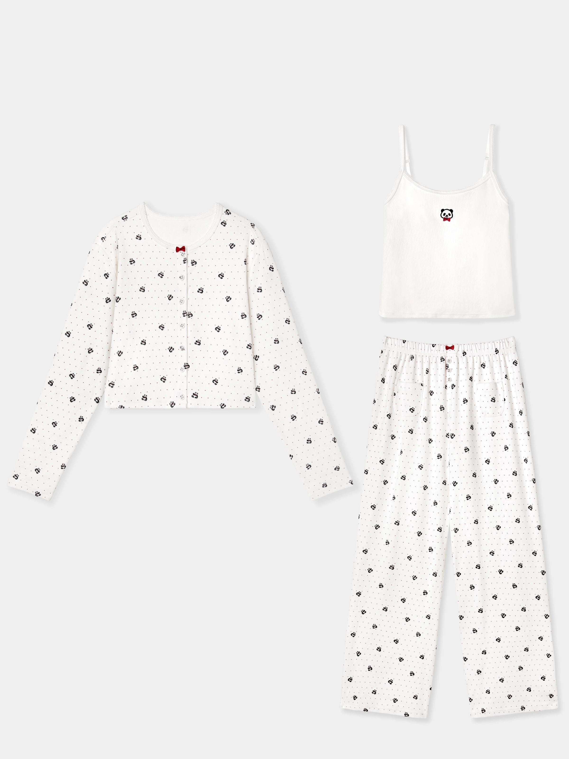 "Panda PomPom" Jersey Rib Jacquard Loungewear Pants Set – White Polka Dot