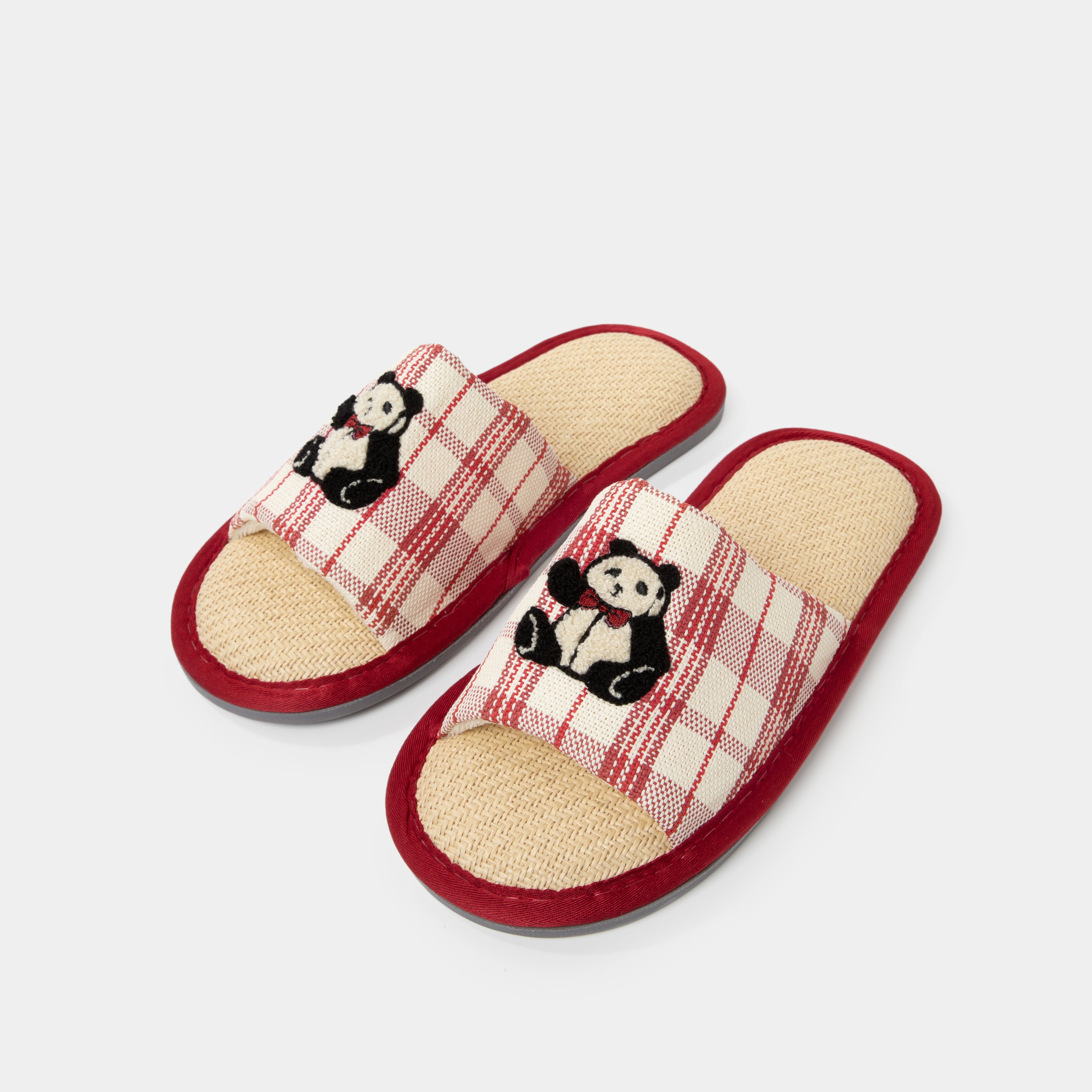 “Panda PomPom”Woven Slippers Red Grid