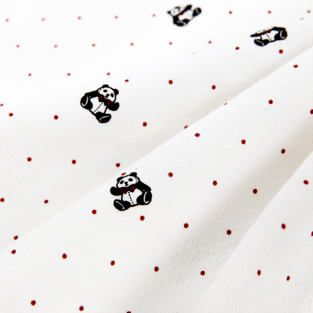 "Panda PomPom" Jersey Rib Jacquard Loungewear Pants Set – White Polka Dot