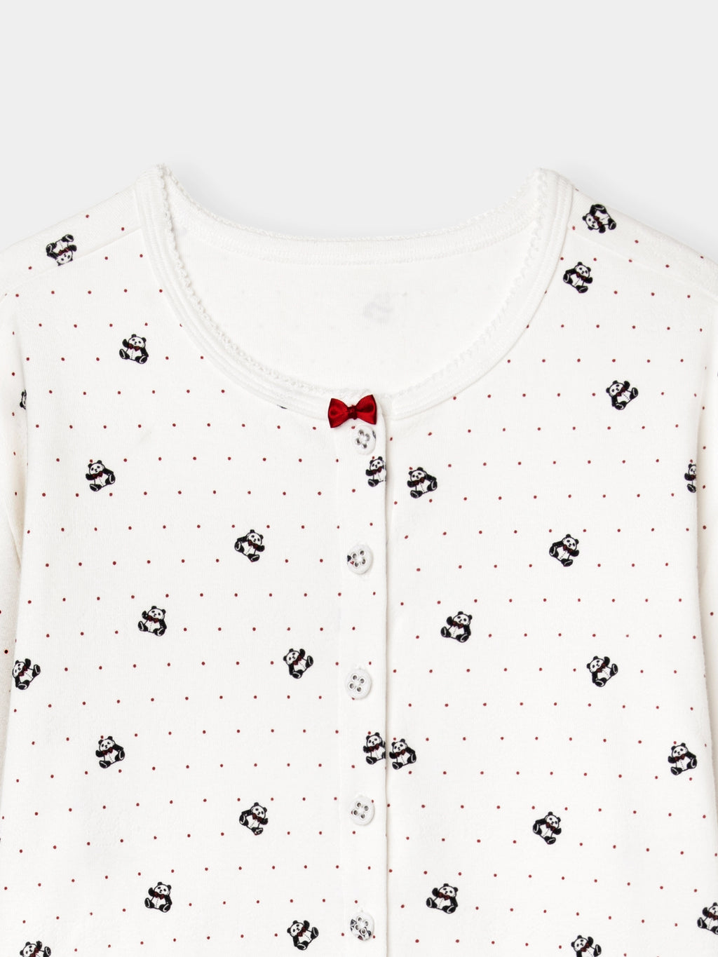 "Panda PomPom" Jersey Rib Jacquard Loungewear Pants Set – White Polka Dot