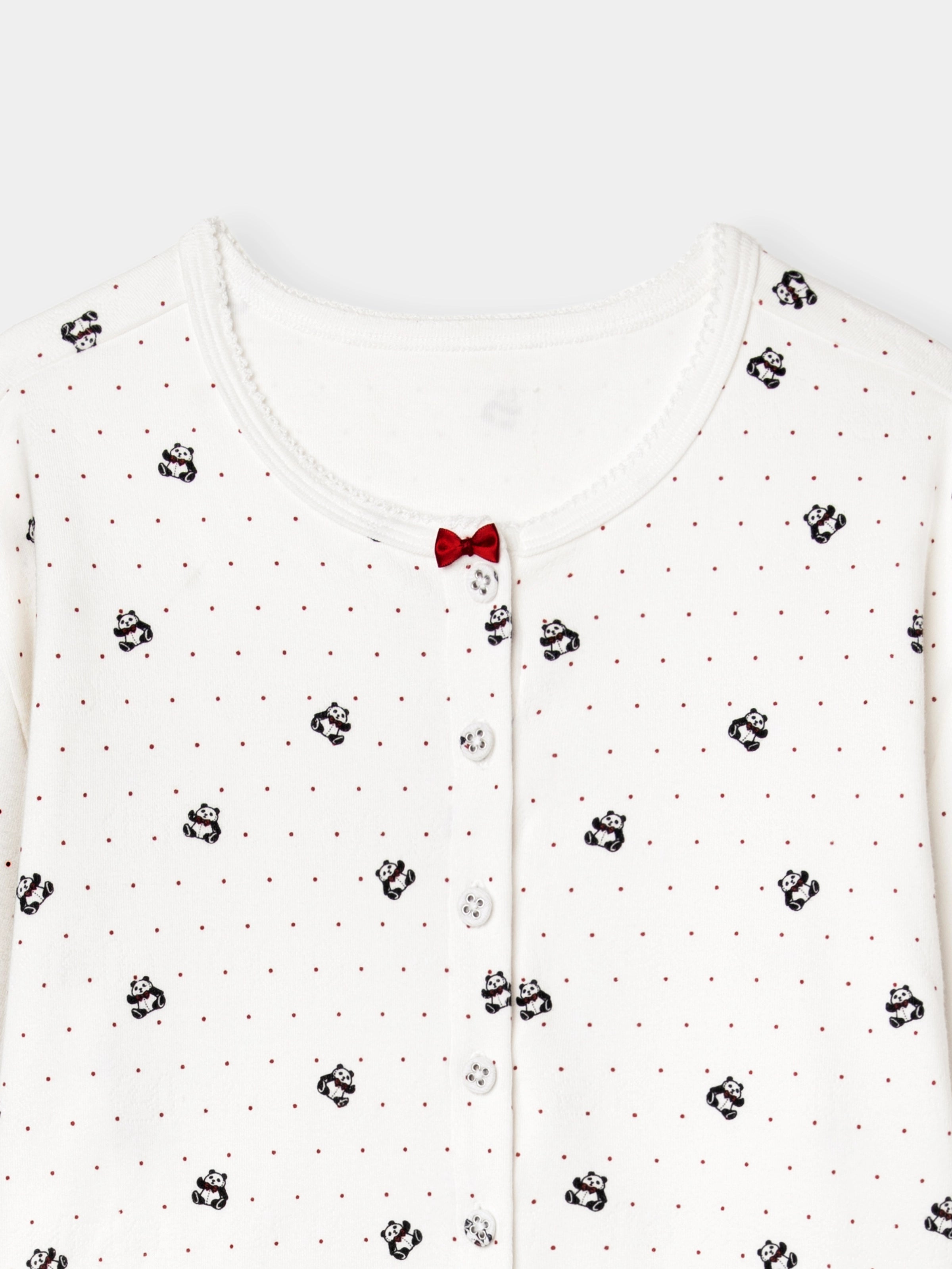 "Panda PomPom" Jersey Rib Jacquard Loungewear Pants Set – White Polka Dot