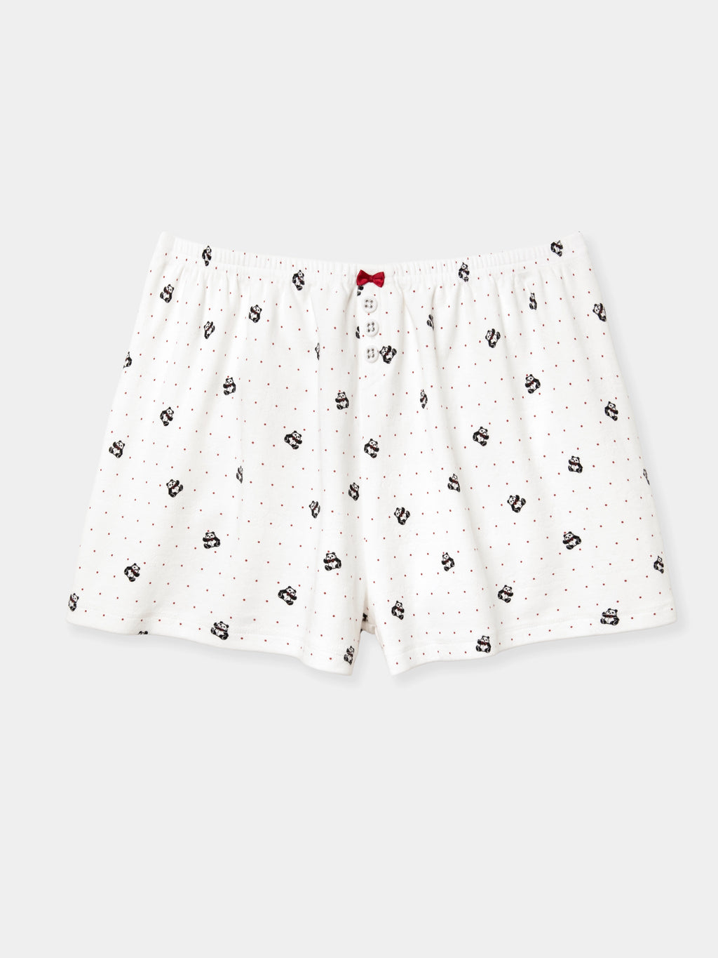 "Panda PomPom" Jersey Rib Jacquard Loungewear Shorts Set – White Polka Dot