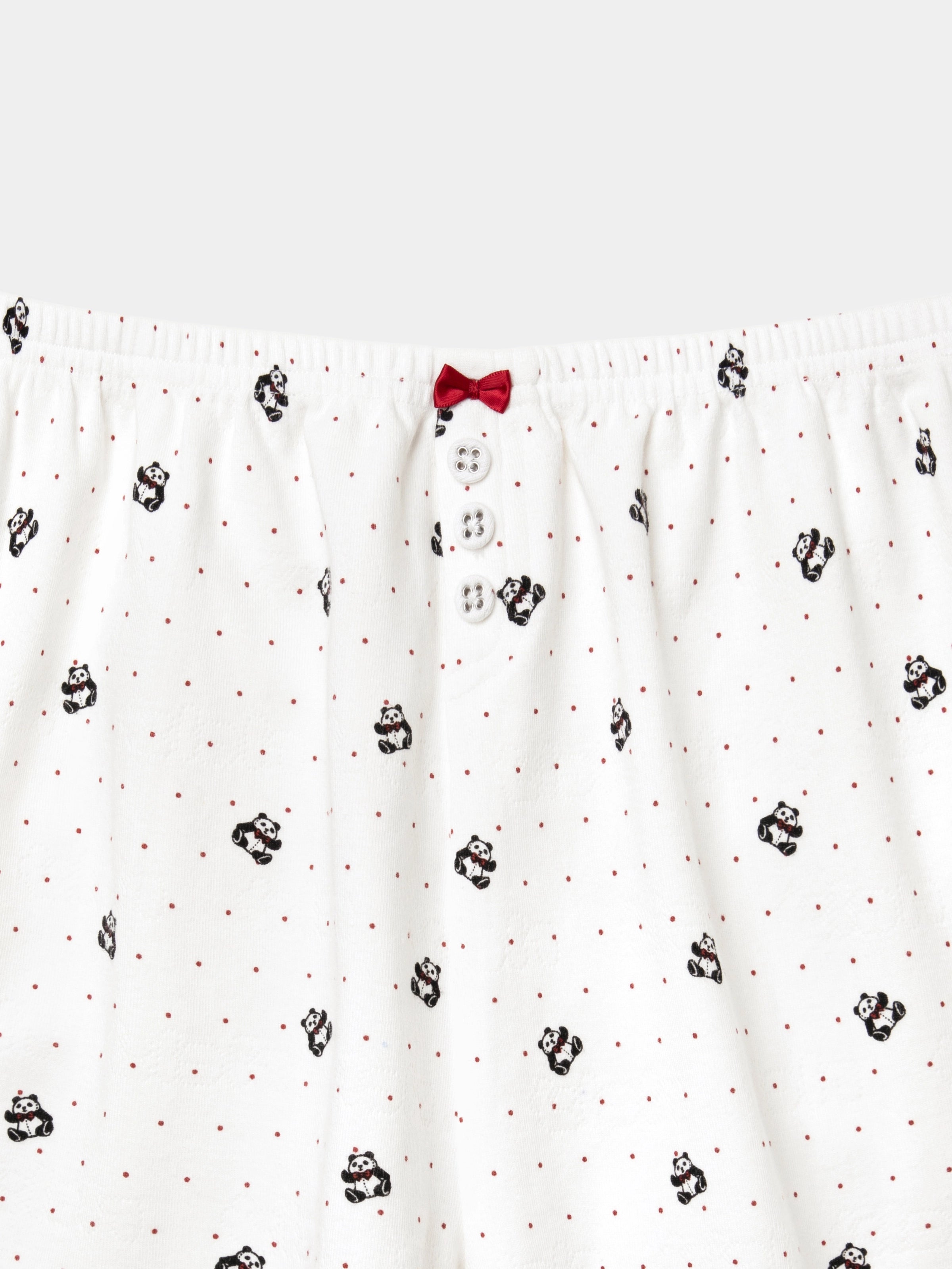 "Panda PomPom" Jersey Rib Jacquard Loungewear Shorts Set – White Polka Dot