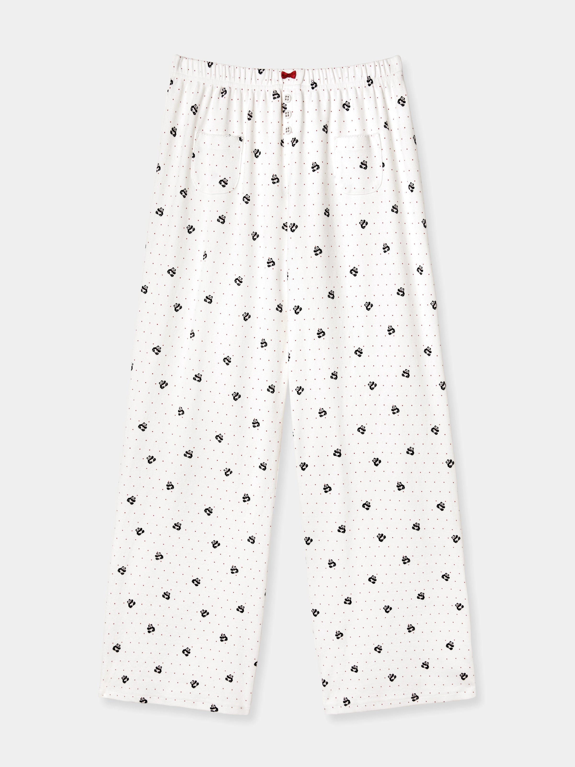 "Panda PomPom" Jersey Rib Jacquard Loungewear Pants Set – White Polka Dot