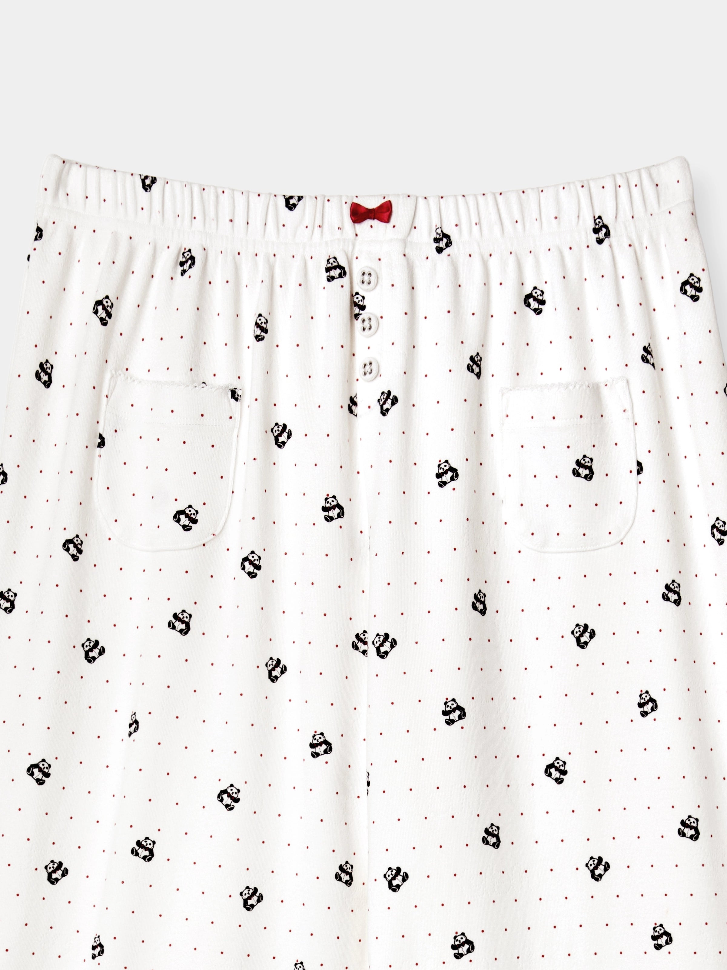 "Panda PomPom" Jersey Rib Jacquard Loungewear Pants Set – White Polka Dot