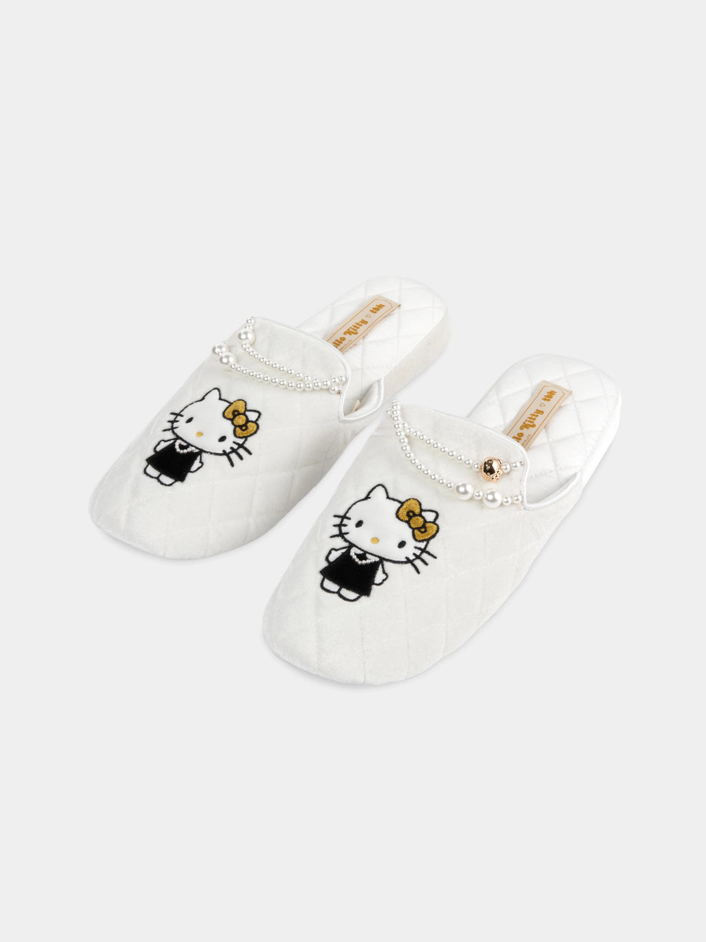 "Hello Kitty" Velvet Embroidery Slippers – Pearl White