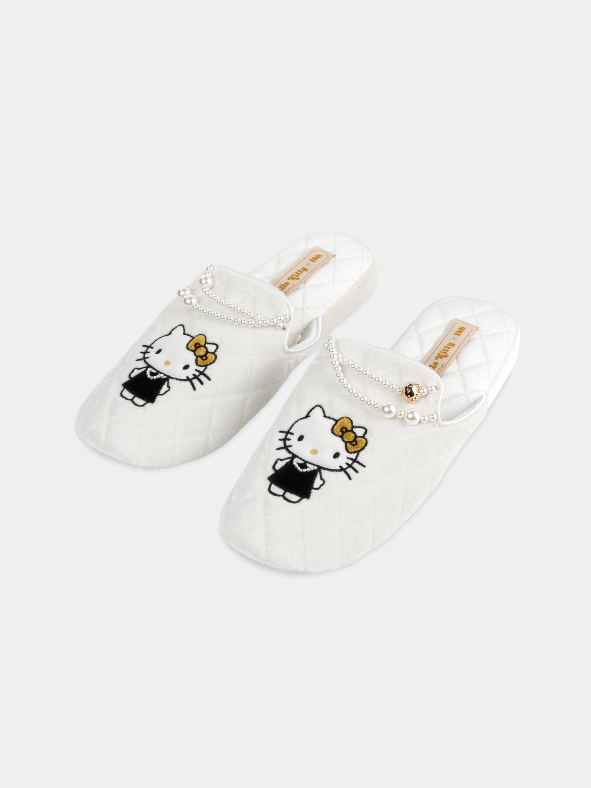 "Hello Kitty"Velvet Embroidery Slippers Pearl White