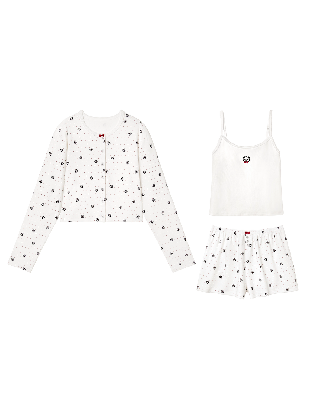 "Panda PomPom" Jersey Rib Jacquard Loungewear Shorts Set – White Polka Dot