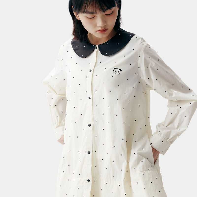 "Panda PomPom" Sun-pretective Outdoor Dress White Polka Dot