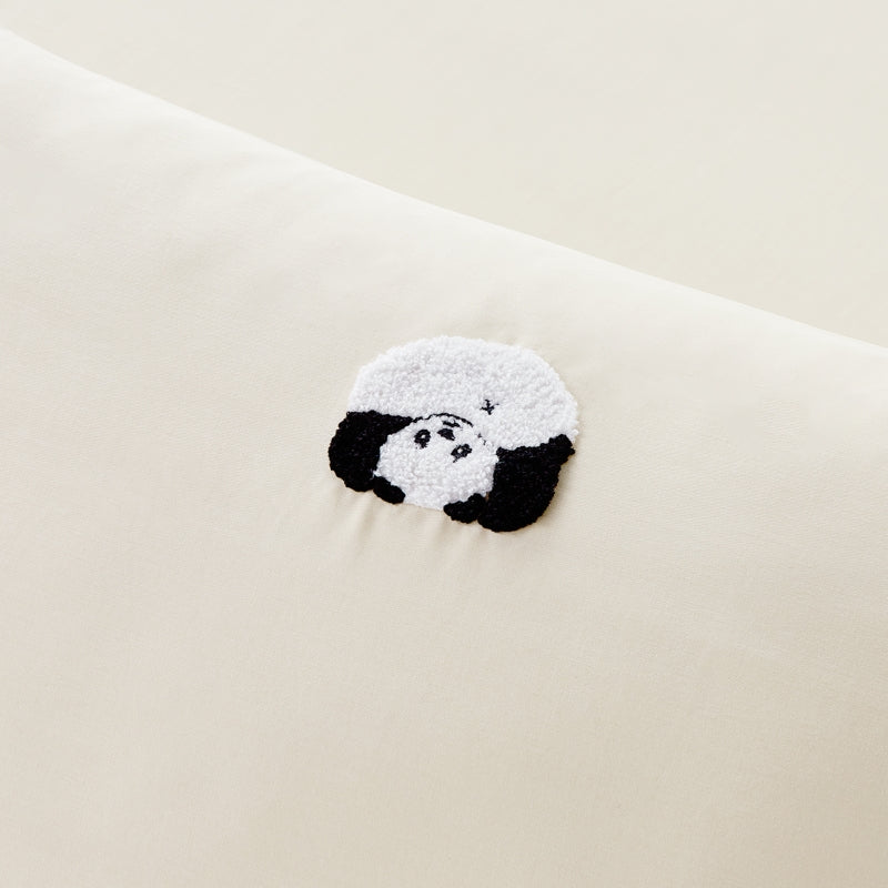 "Panda PomPom"  cotton sateen bedding set Cream White Grid