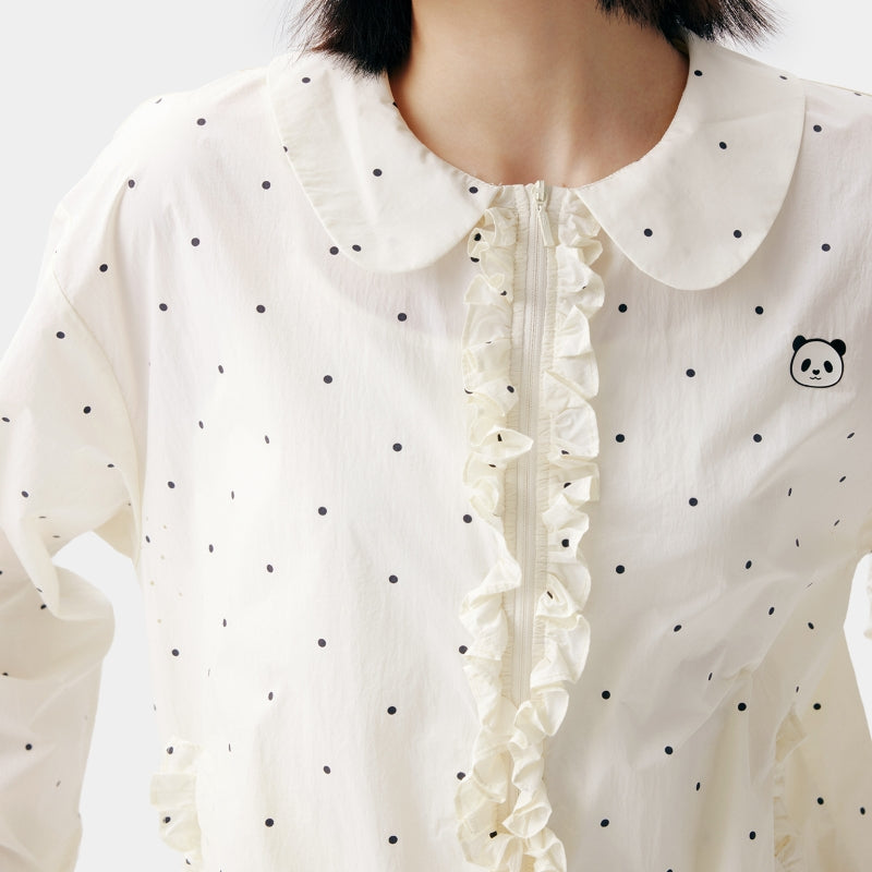 "Panda PomPom" Sun-pretective Peter Pan Collar Outdoor Jacket White Polka Dot