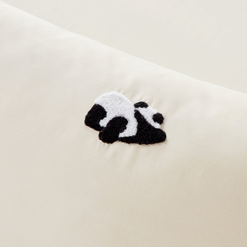 "Panda PomPom"  cotton sateen bedding set Cream White Grid