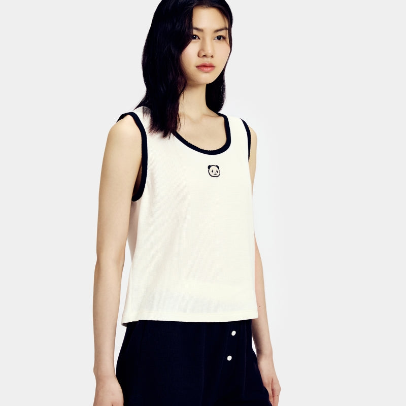 "Panda PomPom" Waffle Checks Loungewear Set – White & Black
