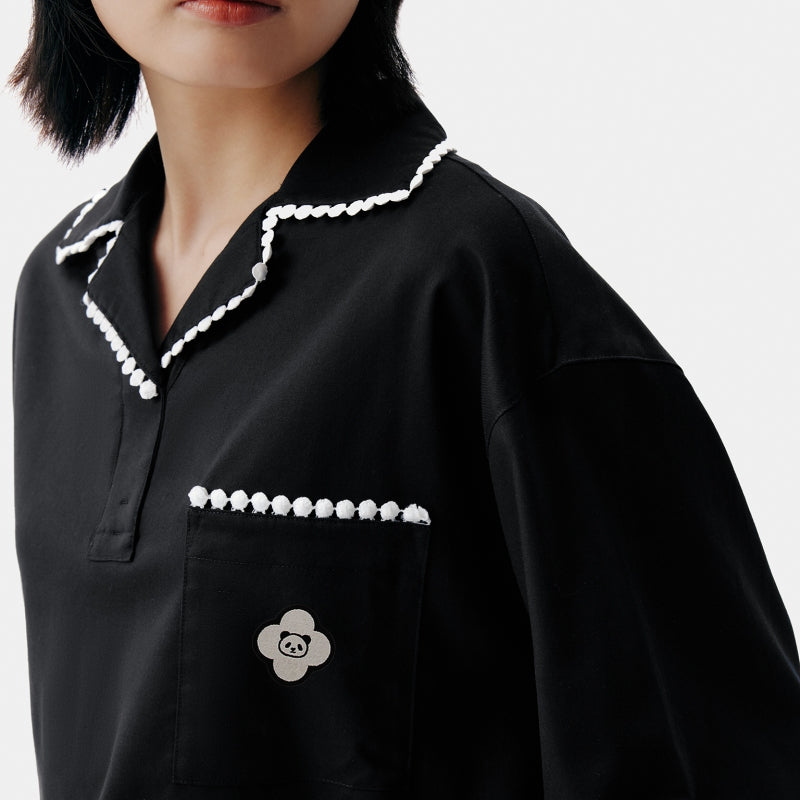 "Panda PomPom" Tencel Cotton Blend Camp Collar Loungewear Set – Black