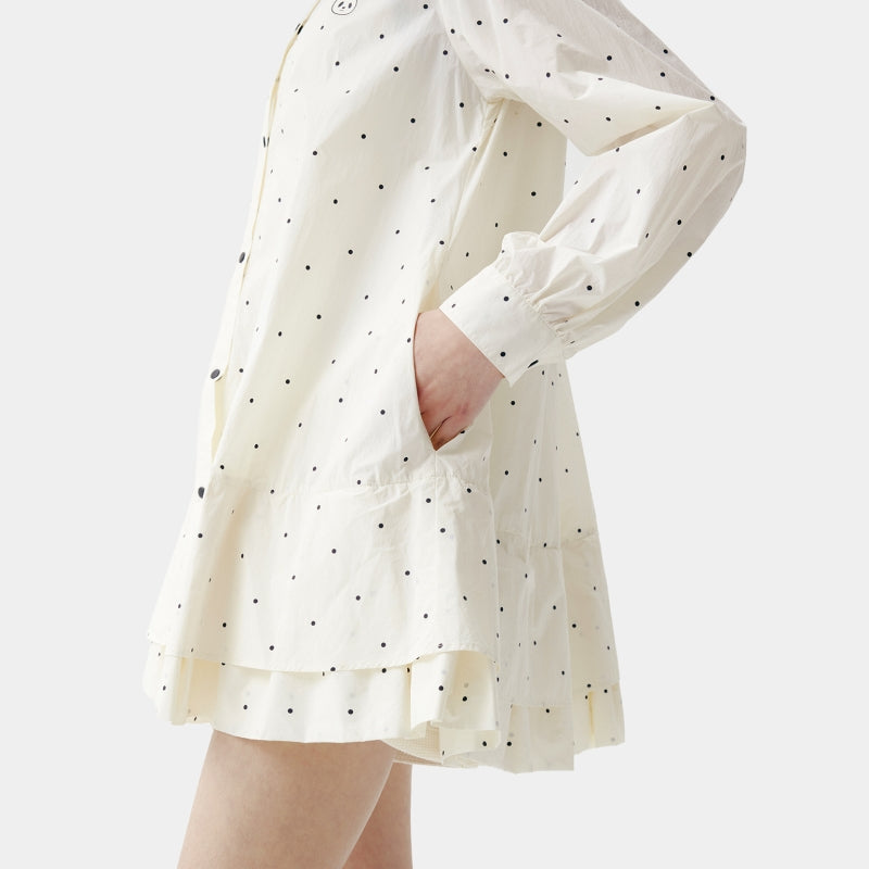 "Panda PomPom" Sun-pretective Outdoor Dress White Polka Dot