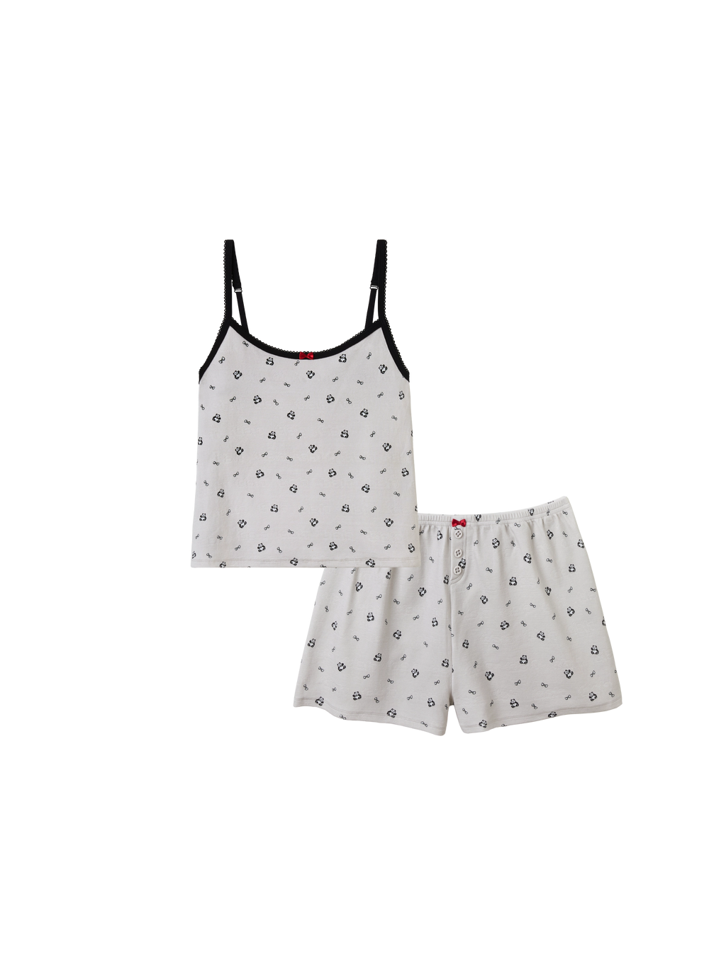 "Panda PomPom" Jersey Rib Jacquard Spaghetti Strap Top & Shorts Pajama Set – Gray