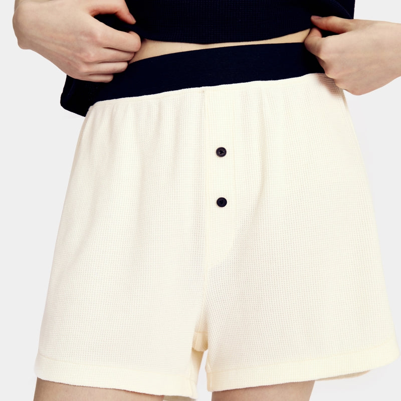 "Panda PomPom" Waffle Checks Loungewear Set – Black & White