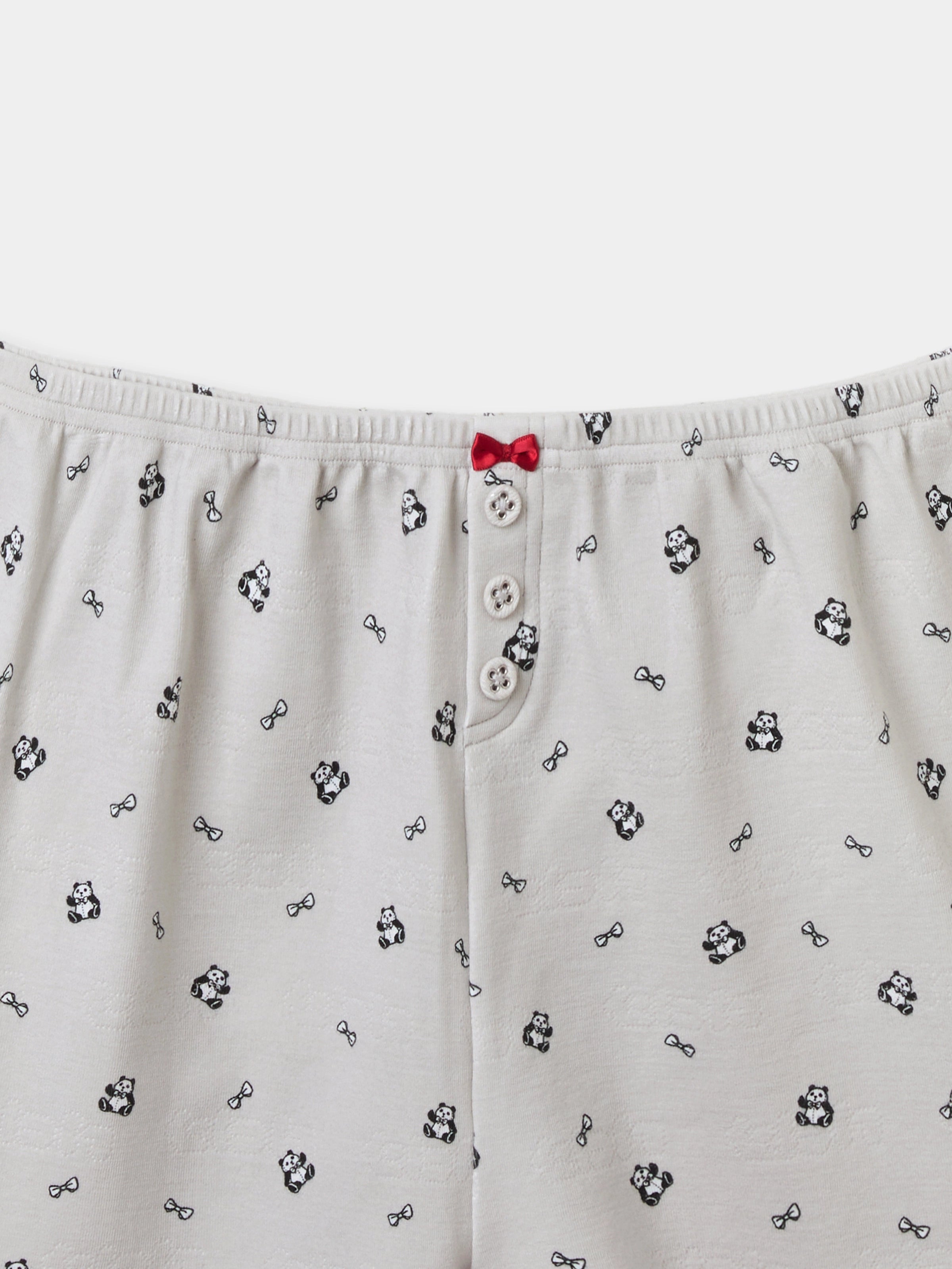 "Panda PomPom" Jersey Rib Jacquard Loungewear Shorts Set – Gray