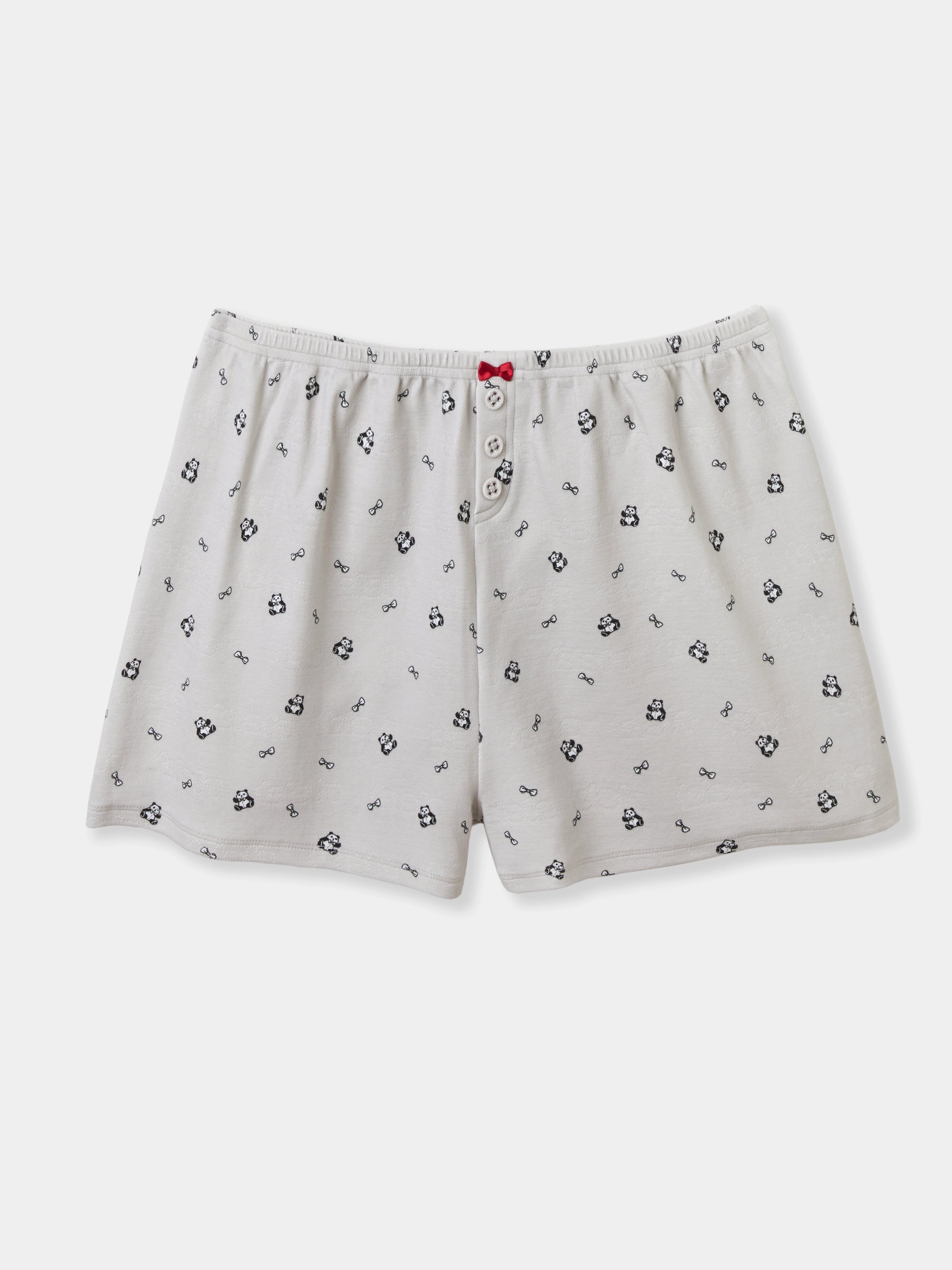 "Panda PomPom" Jersey Rib Jacquard Spaghetti Strap Top & Shorts Pajama Set – Gray