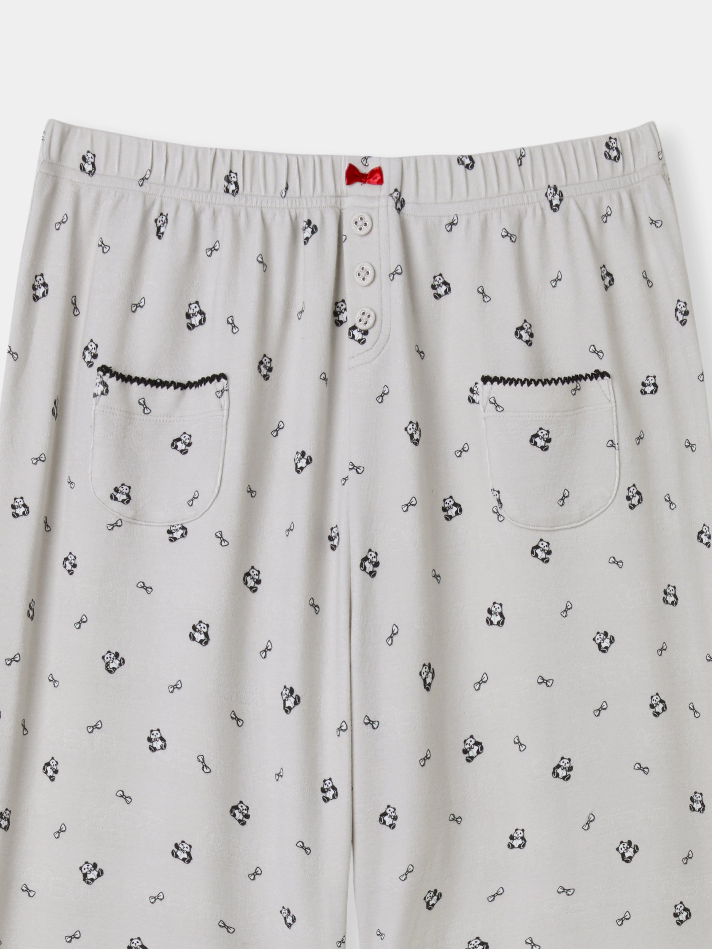 "Panda PomPom" Jersey Rib Jacquard Loungewear Pants Set – Gray
