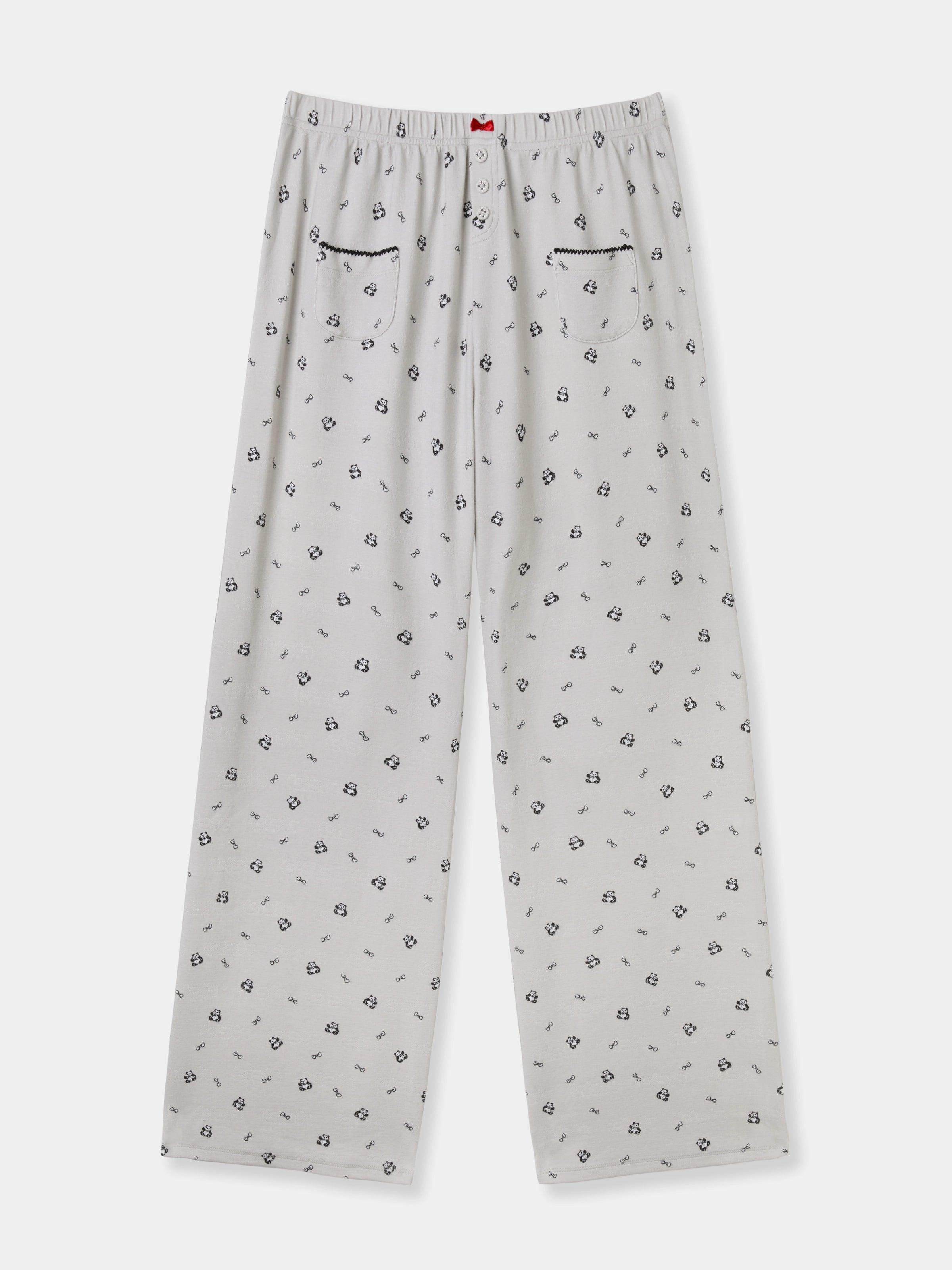 "Panda PomPom" Jersey Rib Jacquard Spaghetti Strap Top & Pants Pajama Set – Gray