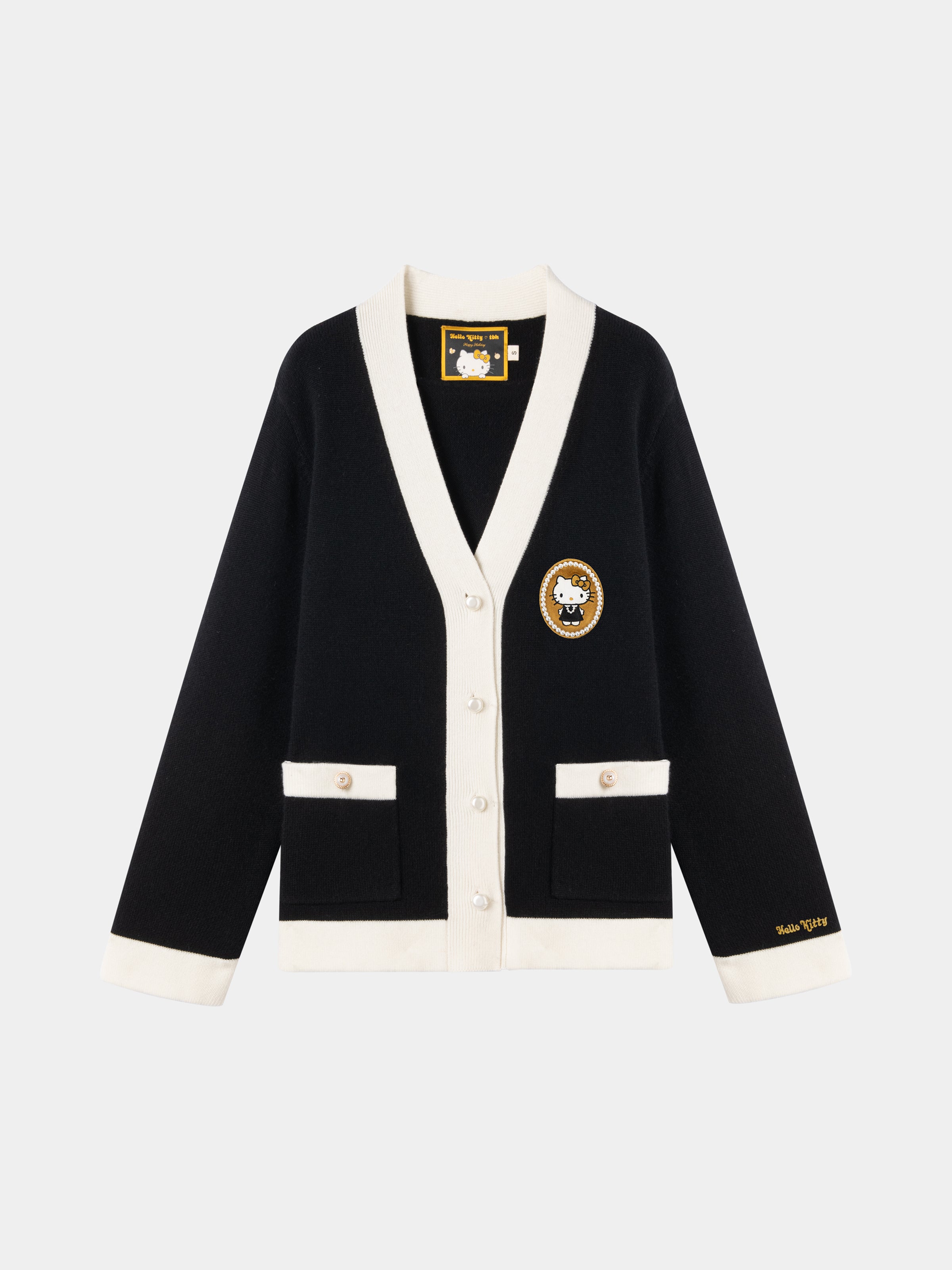 "Hello Kitty" Wool Cashmere Blend Cardigan Black&White