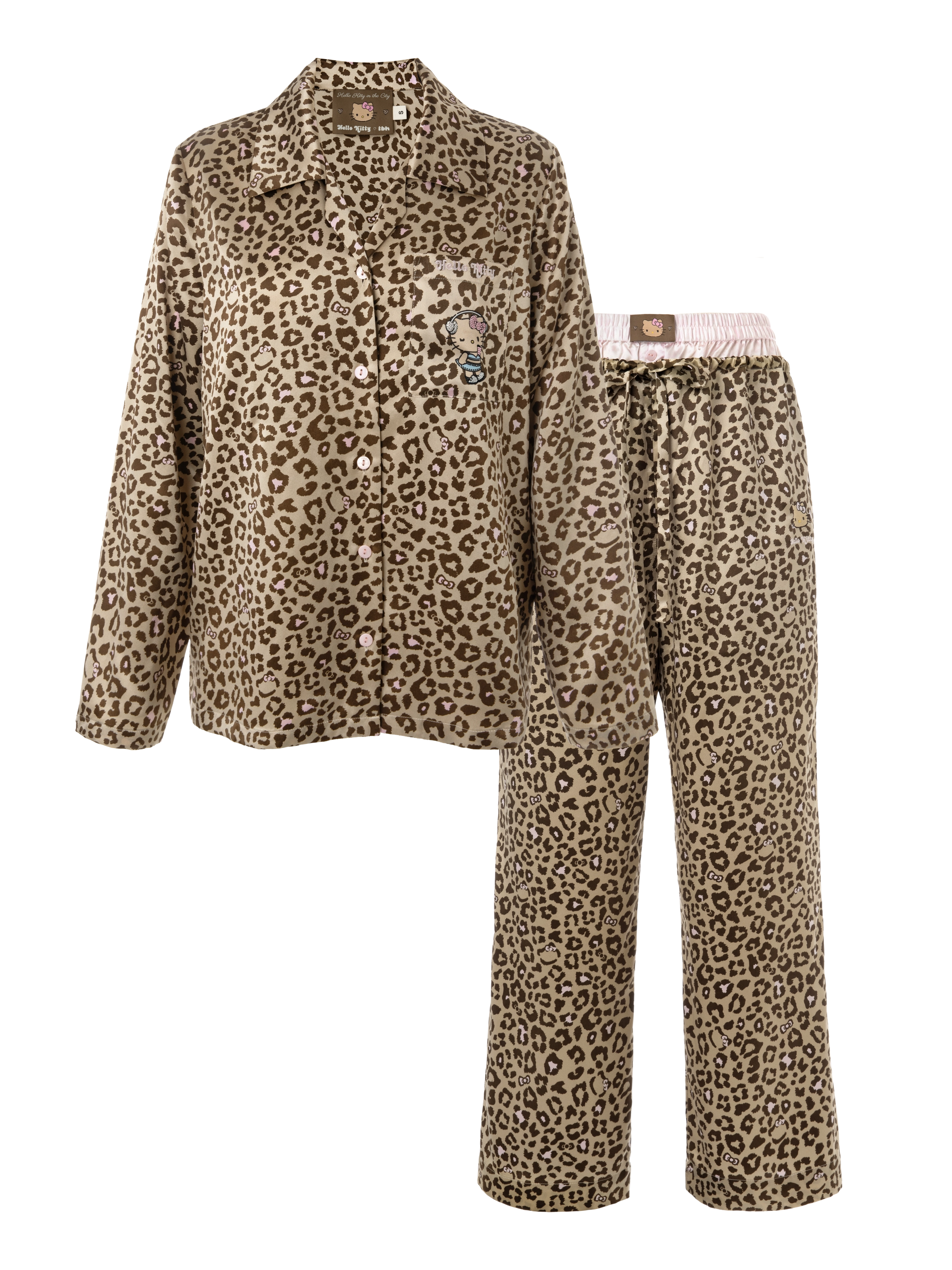 "Hello Kitty" Premium Heavy Mulberry Silk Loungewear Set – Leopard