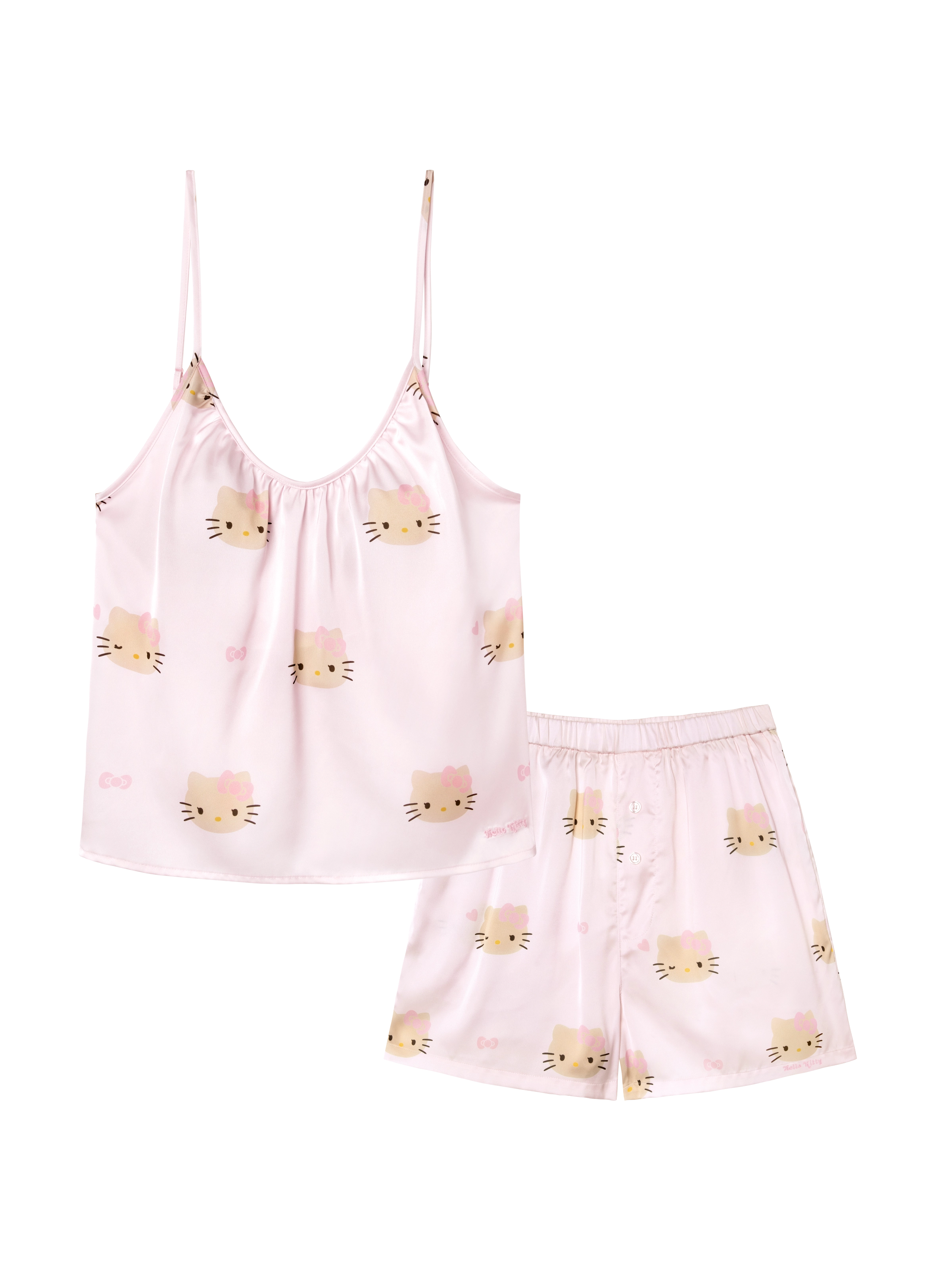 "Hello Kitty" Satin Spaghetti Strap Top and Shorts Pajama Set Y2k Pink