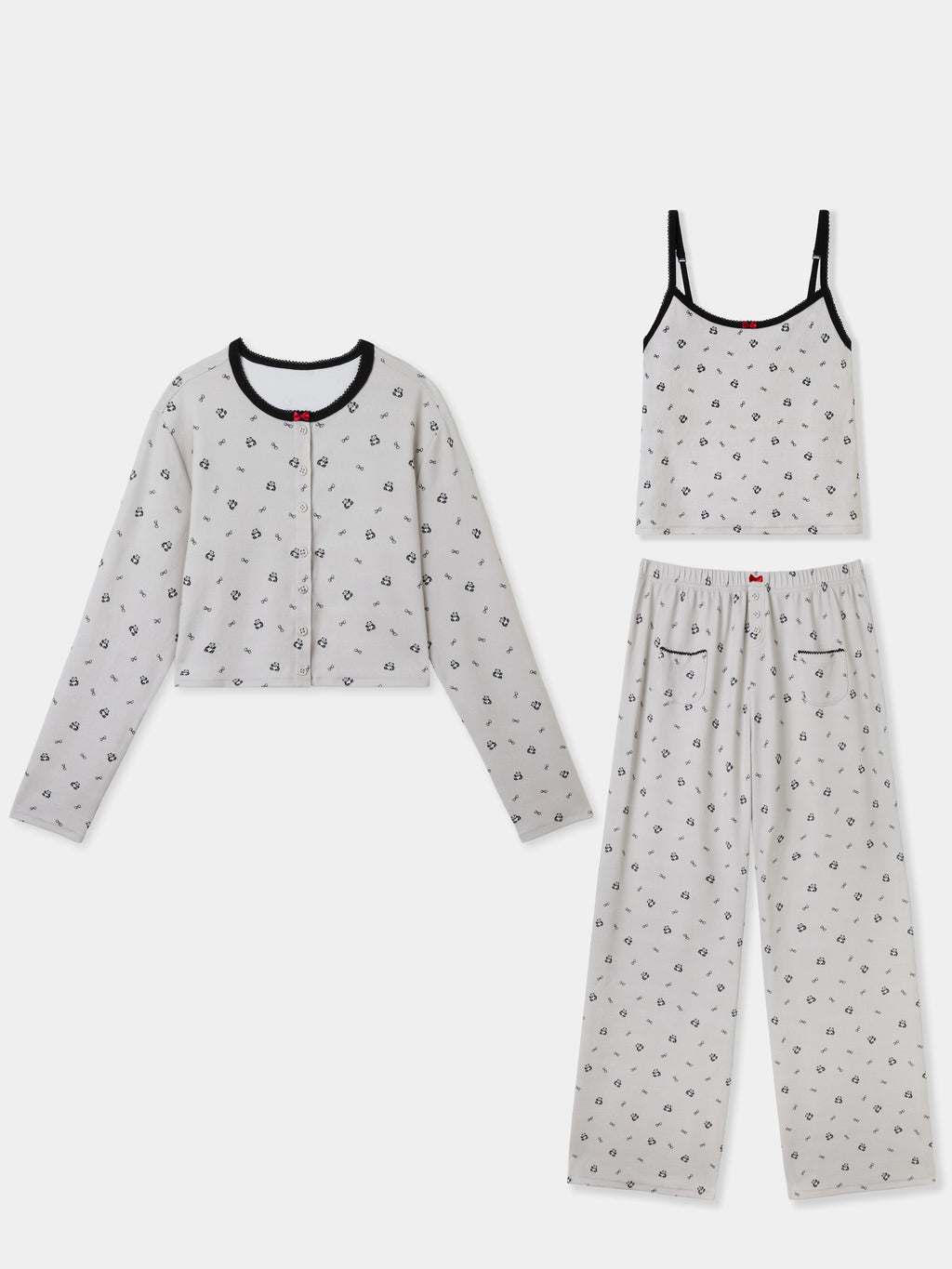 "Panda PomPom" Jersey Rib Jacquard Loungewear Pants Set – Gray