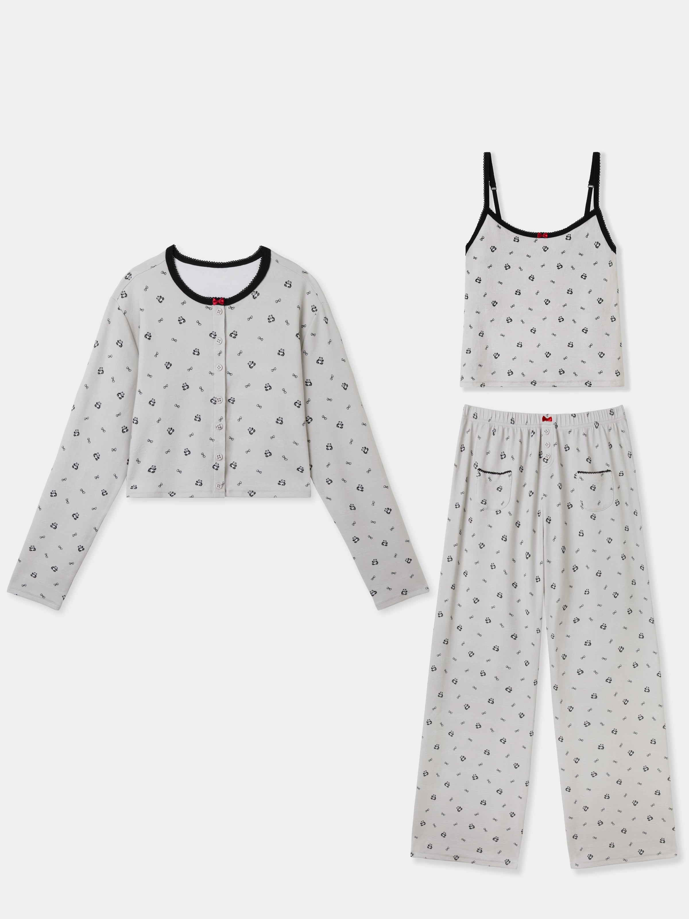 "Panda PomPom" Jersey Rib Jacquard Loungewear Pants Set – Gray