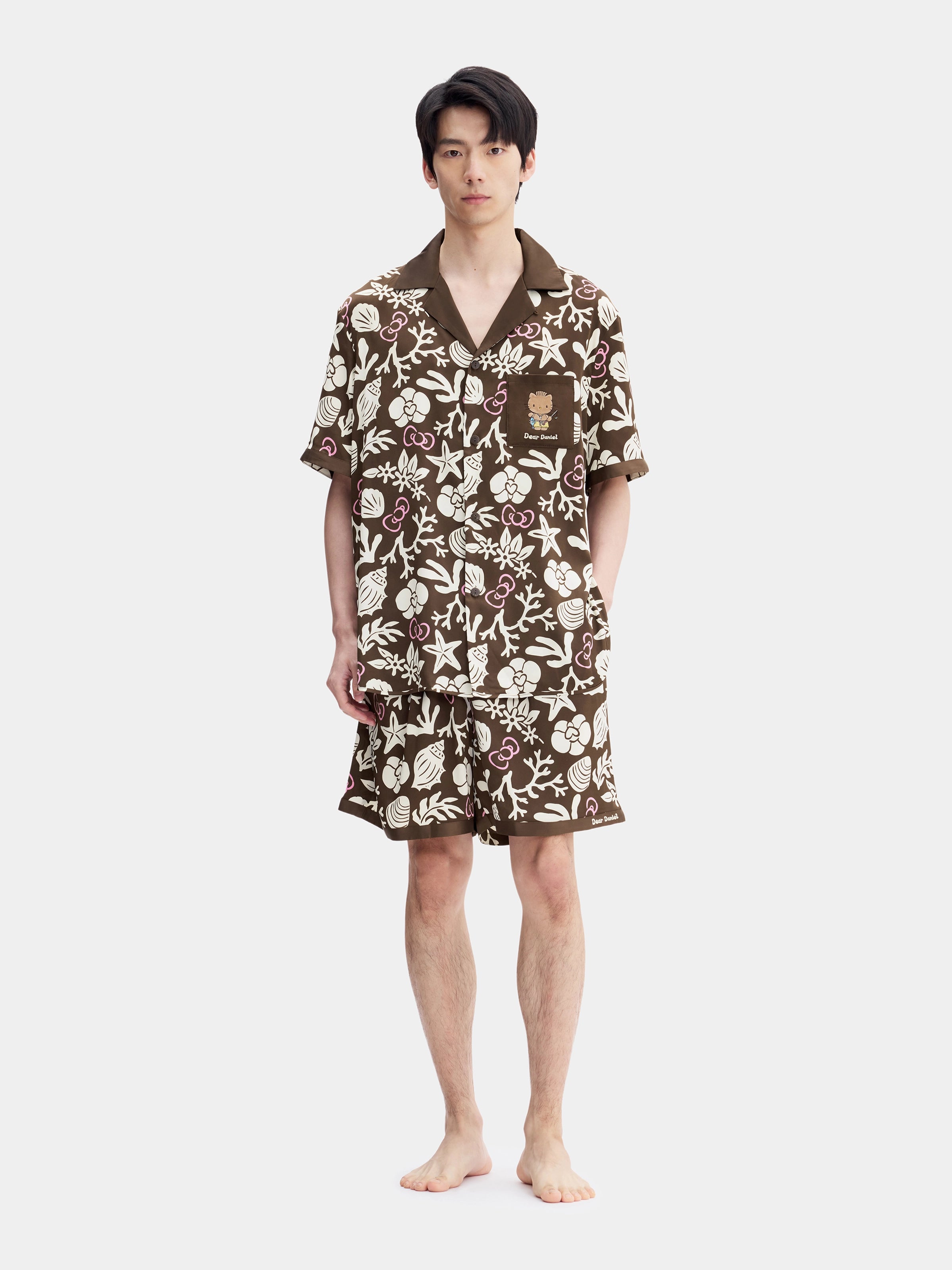 "Dear Daniel" Satin Loungewear Set Short Sleeve & Shorts – Coconut Brown